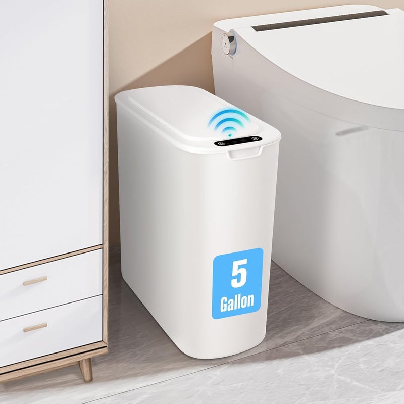 Cesun Motion Sensor Trash Can, 5 Gallon Automatic Bathroom Garbage Can with Lid, Touchless Smart Plastic Slim Wastebasket for Bathroom, Office, rv, Bedroom, Living Room, White - Image 1